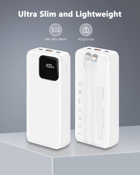 Portable Charger, 20000mAh Power Bank with 2 Built-in Cables, 22.5W Fast Charging with Screen, Travel Battery Pack for i Phone, i Pad, Samsung, Go...