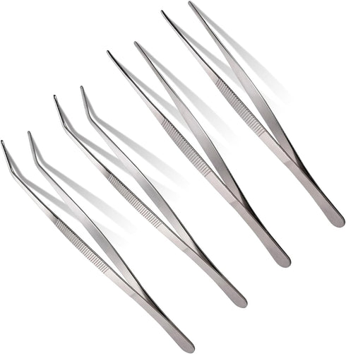 4 Pieces Long Tweezers,Long Handle Stainless Steel Straight and Curved Tweezers Nippers,Precision Craft Tweezers Set with Serrated Tips,Bonsai Too...