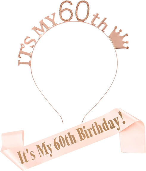 MGJSRNH Headband and Sash, 60th Birthday Rhinestone Crown and Glitter Sash for Women's Birthday Party, Rose Gold...