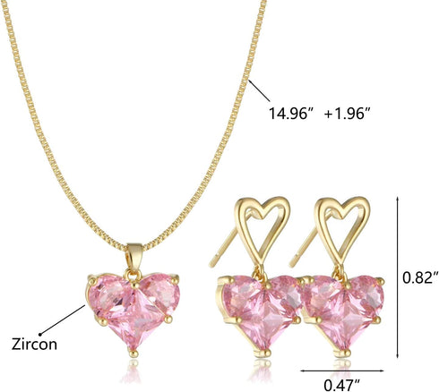 Pink Heart Necklace Earrings Cubic Zirconia Heart Wedding Necklace Earrings Set Bridesmaid Bride Pendant Necklace Earrings for Women(A-Gold,Pink)...
