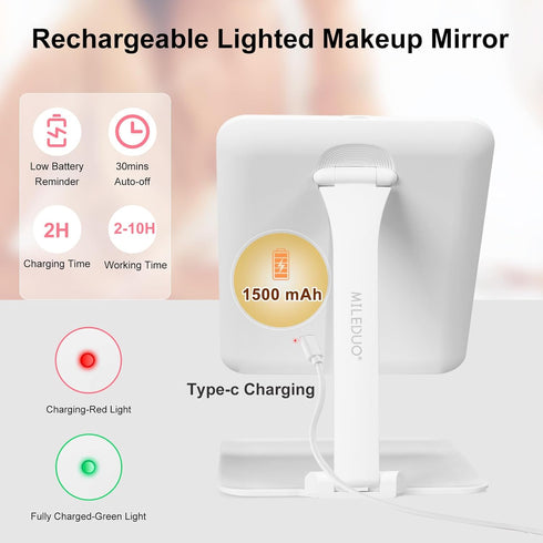 MILEDUO Rechargeable Travel Makeup Mirror with Lights, Foldable Compact Mirror with 1500mAh Battery, 3 Color Light Touch Screen for Travel and Wom...