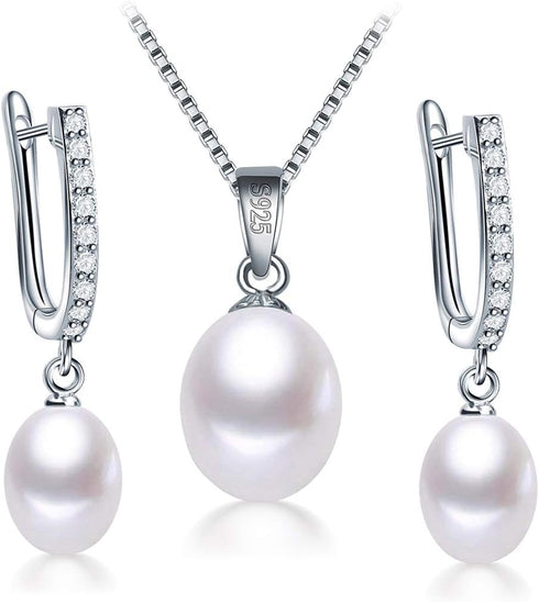 Genuine Pearl Jewelry Set Pearl Pendant Necklace &Pearl Earrings Set Zircon Dangle Drop Earrings S925 Sterling sliver Wedding Gift...