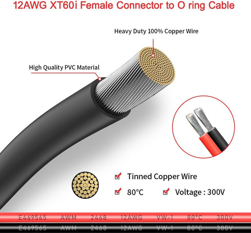 XT60i to O Ring Terminal Cable,12AWG XT60i Female to O Ring Connector with Tinned Pure Wire,for RC Battery Solar Portable Power Power Station and ...