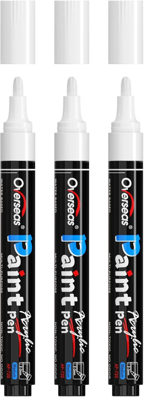 Overseas White Paint Pens Paint Markers - Permanent Acrylic Markers 3 Pack, Water Based, Quick Dry, Waterproof Paint Marker Pen for Rock, Wood, Pl...