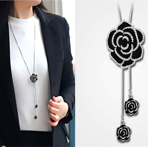 Cathercing Rhinestone Black Rose Pendant Long Necklace for Women Sweater Chain Statement Necklace Choker Adjustable Elegant Jewelry Crystal Access...