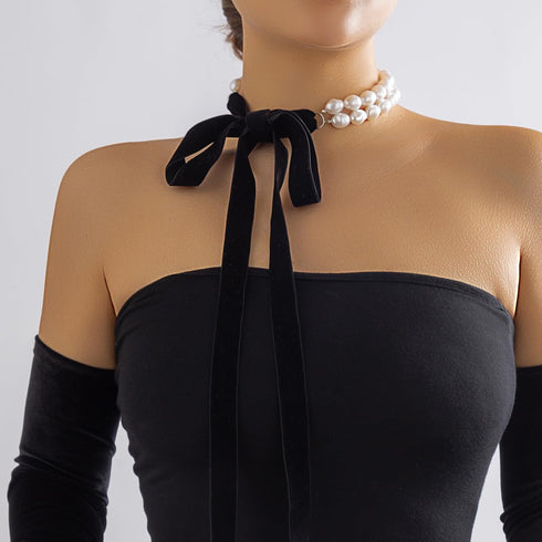 Pearl Velvet Choker Necklace for Women Elegant Boho Pearl Choker Necklace Ribbon Bow Long Black Velvet Choker for Girls Jewelry Gift...