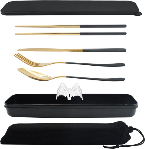 Black Portable Flatware Cutlery Set, TWUTGAYW Stainless Steel Travel Utensils with Case, Reusable Chopsticks Knife Spoons and Forks Set, Gold Camp...
