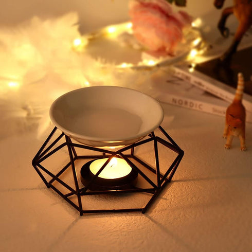 SXCHEN Essential Oil Burner for Scented Oil Tea Light Wax Melt Warmer Ceramic Tealight Wax Candle Burner Black Metal Aroma Diffuser-Set of 1...