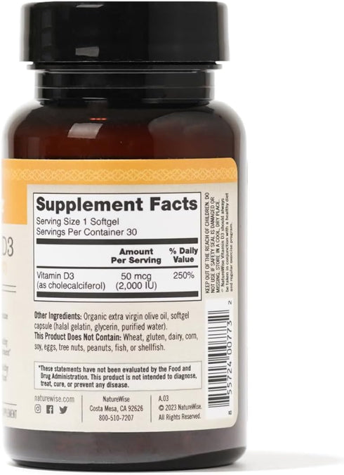 NatureWise Vitamin D3 2000iu (50 mcg) Healthy Muscle Function, and Immune Support, Non-GMO, Gluten Free in Cold-Pressed Olive Oil, ( Mini Softgel)...