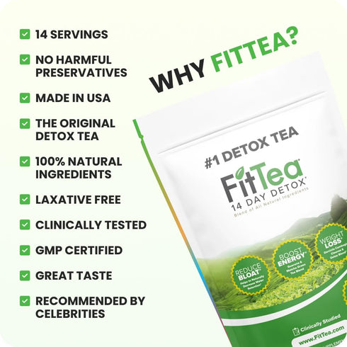 FitTea The Original 14 Day Detox Tea with Organic Green Tea ECGC, Garcinia Cambogia and Ginger - Colon Detox Cleanse to Help Bloating and Support ...