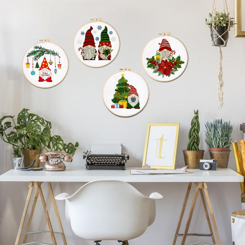 BEUNITONE 4PCS Christmas Gnomes Embroidery Kit Xmas Tree Stamped Cross Stitch Kit Snowflake Mistletoe Needlepoint Kit for Adult Beginner with Inst...
