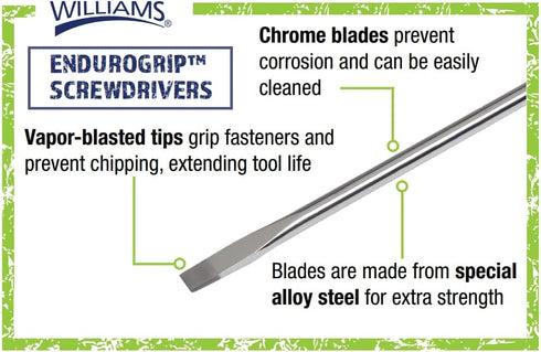 Williams JHWSDE-53 Endurogrip Cabinet Slotted Screwdriver with Premium Comfort Grip Handle - 3-Inch Blade Length - 1/8-Inch Tip - 6 13/64-Inch Ove...