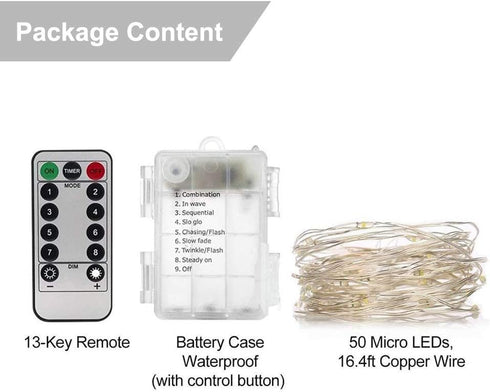 buways Fairy Lights,2-Pack Battery Operated Waterproof Cool White 50 LED Fairy String Lights,16.4ft Silver Wire Light with Remote Control for Chri...