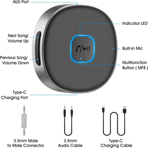 Bluetooth Aux Receiver, Portable 3.5mm Aux Car Adapter, Bluetooth 5.0 Wireless Audio Receiver for Car/Home Stereo/Wired Headphones/Speaker, 16H Ba...