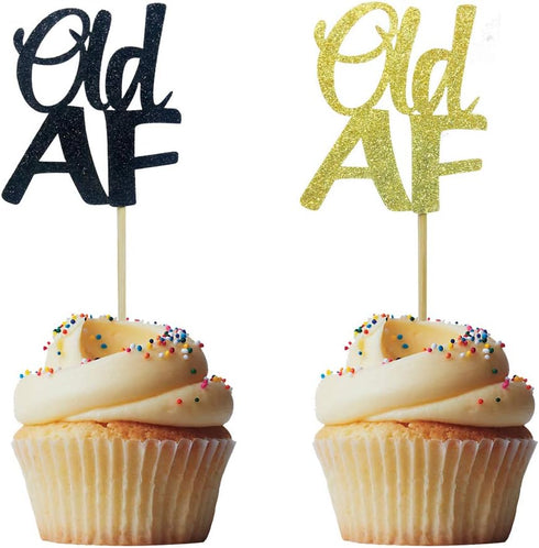 Morndew 24 PCS Black Gold Glitter Old AF Cupcake Toppers for Birthday Party Wedding Party Decorations...