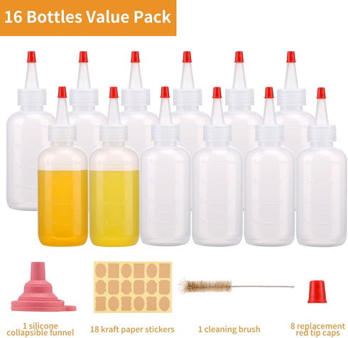 CUCUMI 16pcs Plastic Squeeze Bottles for Liquids & Sauces, 4oz Squeeze Bottles with Red Tip Caps Measurement Marks for Icing Cookie Decorating, Cr...