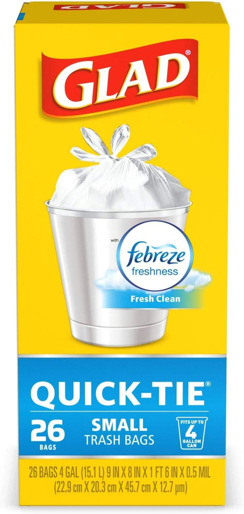 Glad Trash Bags, Small Garbage Bags - OdorShield 4 Gallon White Trash Bag, Febreze Fresh Clean - 26 Count...
