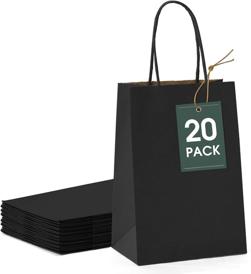 GSSUSA Kraft Paper Gift Bags 5.25x3.75x8'' 20 Pcs, Black Paper Bags with Handles, Bulk Kraft Gift Bag for Shopping, Craft, Grocery, Party, Retail,...