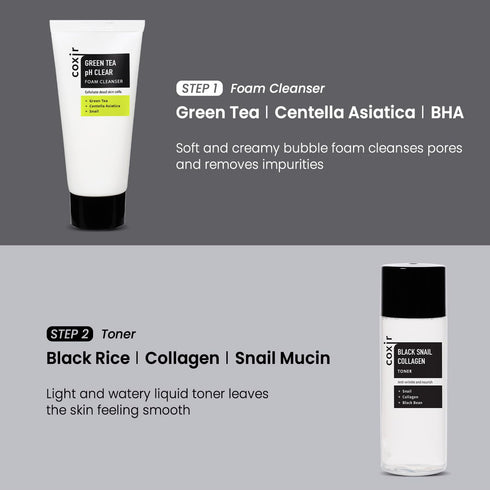 coxir BLACK SNAIL COLLAGEN STARTER KIT l Repairing&Firming | Black-3-Complex: Black Rice, Bean, Sesame, Snail Mucin, Collagen FOAM CLEANSER+TONER+...