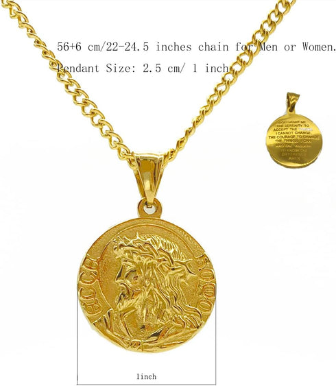 18K Gold Plated Jesus Coin Necklace, Christian Prayer Pendant Necklace for Men Women Religious Necklace...