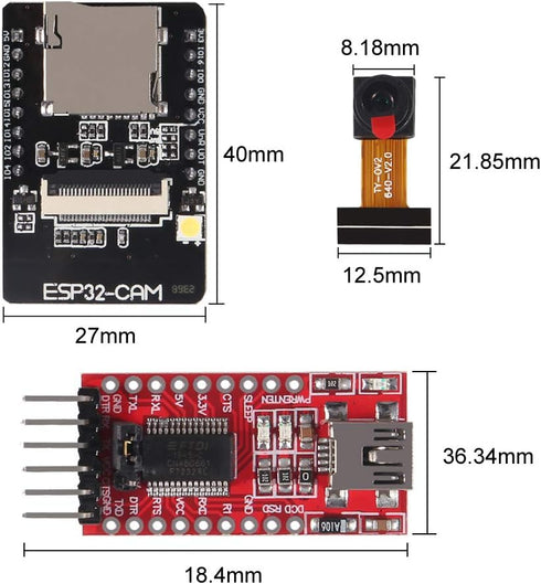 ESP32-CAM WiFi + Bluetooth Module WiFi ESP32 CAM Development Board with Camera Module OV2640 2MP + FT232RL FTDI USB to TTL Serial Converter + 20 p...