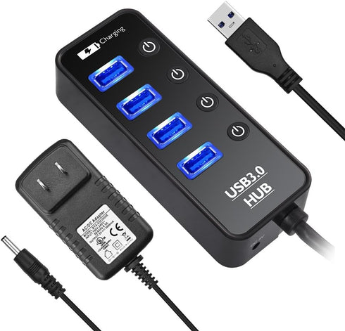 USB Hub 3.0 Powered, LYFNLOVE USB Extender 4-Port Data USB Hub with Power Adapter and 1 Smart Charging Port, USB Splitter with On/Off Switches for...