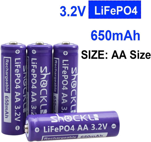 4 Pack- Shockli AA 3.2V LiFePo4 650mAh Battery, AA 3.2V Solar Rechargeable Batteries - Ideal for Solar Garden Light...