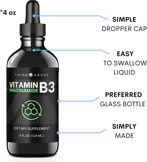 Liquid Vitamin B3 (as Niacinamide) Supplement - Non Flush Form of Niacin - Convenient Niacin Drops for Women and Men - 4 oz (120ml)...