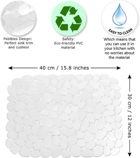 Sink Mat, 2Pcs Adjustable PVC Clear Pebble Sink Protector for Stainless Steel or Porcelain Sink, Dish Drying Mat for Bathroom Kitchen Sink Counter...