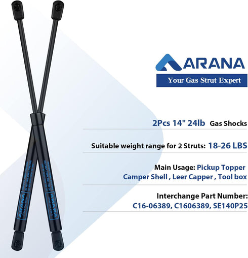 ARANA C16-06389 C16-33275 14 inch Gas Struts Spring Shocks, C16-28554 14" 24Lb Prop Lift Support for Truck Leer Camper Shell are Cap Topper Door R...