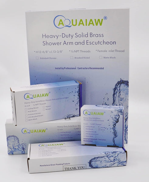 Aquaiaw Shower Arm and O-Ring Flange, 8 inch, Solid Brass, Round, Both Soldered 1/2 NPT Tapered Threads, Wall Mount Shower Arm Extension with Escu...