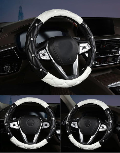 Amuahua Car Steering Wheel Cover, 38CM/15 Universal PU Leather DAD Cystal Diamond Steering Wheel Cover Four Seasons Steering Cover for Women & Gir...
