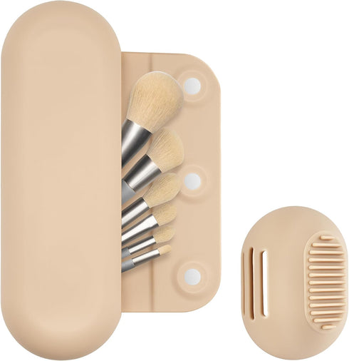 Silicone Makeup Brush Holder Travel Cosmetic Bag and Beauty Blender Holder, Travel Essentials for Women, Large Travel Makeup Brush Case?Khaki...
