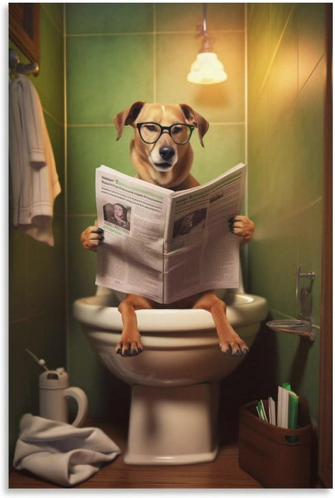 FireDeer Funny Bathroom Canvas Wall Art Dog Animal Reading the Newspaper On Toilet Poster Humor Painting Canvas Prints Modern Aesthetic Picture Fa...