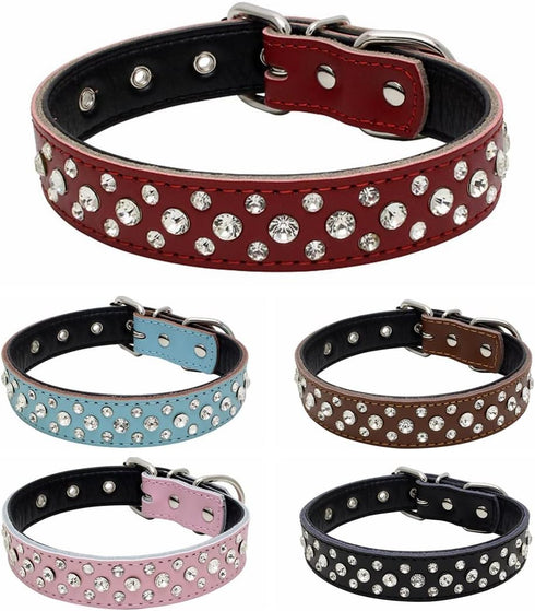 Rhinestones Dog Collar, Adjustable Sparkly Crystal Studded Genuine Leather Pet Dog Collar for Small and Medium Dogs (S, Brown)...