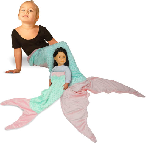 Mermaid Tail Blanket for Girls - Super Soft Flannel Sleeping Snuggle Blanket with Bonus Doll Blanket, Wearable Cozy Mermaid Tail Blankie Aqua/Pink...