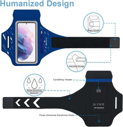 Running Armband with Headset Bag for Samsung Galaxy S25, S24, S23,S22,Zipper Slot Car Key Holder, Workouts Sports Phone Arm Band (Blue)...