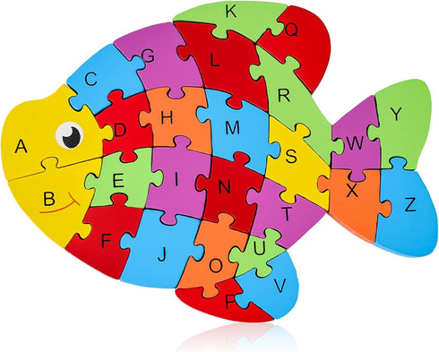 LovesTown Goldfish Wooden Puzzle, 26PCS Jigsaw Puzzle Alphabet and Number Building Blocks for Kids Toddler Preschool...