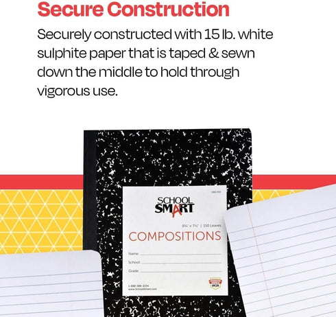 School Smart Hard Cover Ruled Composition Book, 150 Sheets, 9-3/4 x 7-1/2 Inches - 086769...