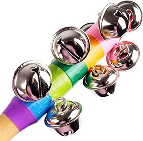 2 Pack Vivid Color Rainbow Handle Wooden Bells Jingle Stick Shaker Rattle 10 Jingle Bells Baby Kids Children Musical Toys...