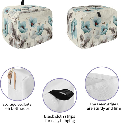 2 Slice Toaster Cover, Bread Machine Cover Retro Turquoise Flowers Butterfly Dragonfly Country Style Kitchen Appliance Dust Cover Top Handle Finge...