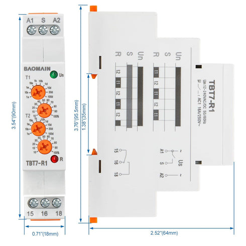 Baomain Asymmetric Cycler Time Relay, 16A SPDT, Repeat Cycle Time Relay for Room Ventilation,Cyclic Dehumidification TBT7-R1 (1-SPDT, 12-240VAC/DC...