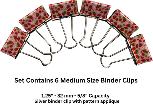 Fun Strawberry Print Binder Clips, 1 1/4"" Size, Set of 6, Red, Pink, Silver...