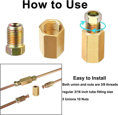 MuHize Brake Line Unions - 10 PCS Brass Inverted Flare Brake Line Unions (3/8" - 24 Threads) Assortment for 3/16" Brake Line Tube Fittings...