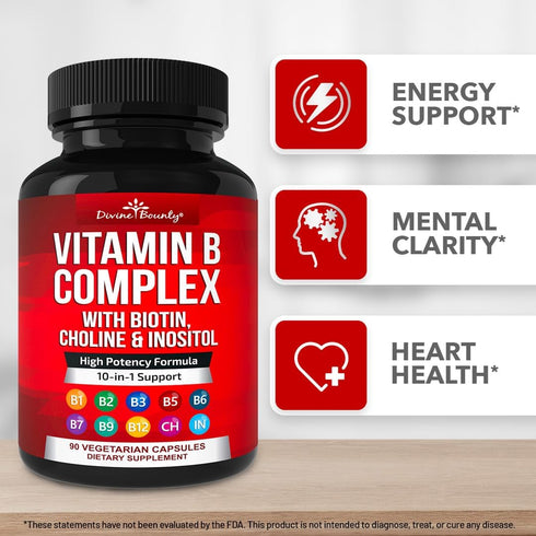 Divine Bounty Super B Complex Vitamins - All B Vitamins Including B12, B1, B2, B3, B5, B6, B7, B9, Folic Acid - Vitamin B Supplement - Support Hea...