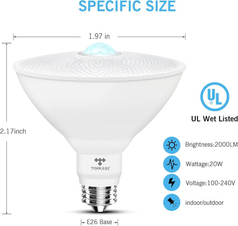 Torkase PAR38 Motion Sensor Flood Light Bulbs, Motion Activated Outdoor Lighting,200 Watt Equivalent(20W) 2000LM, 5000K Daylight,LED Flood Light f...