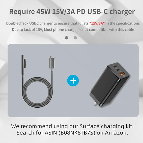 Surface Connect to USB-C Charging Cable (Black 6ft), Compatible for Microsoft Surface Pro 10/7/6/5/4/3 Go3/2/1 Laptop4/3/2/1, Must Works with 45W ...