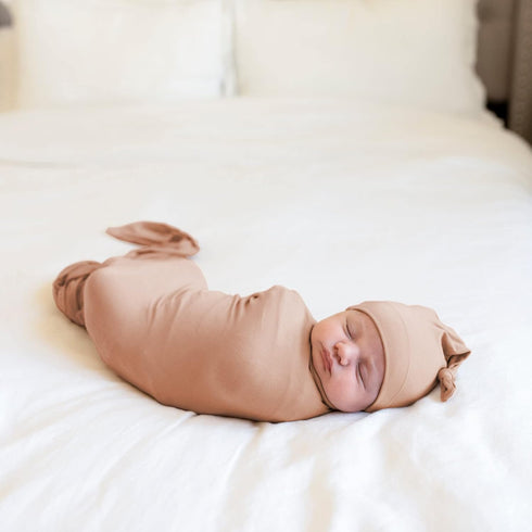 Large Jersey Knitted Swaddle Blanket for Baby, Soft Stretchy Receiving Blanket for Newborns with Hat, Large 47 x 47 inches (Muted Fawn), BY001...