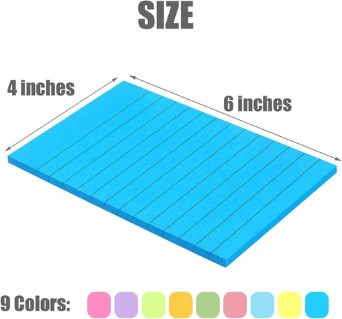 9 Pack Lined Sticky Notes 4"x6" Bright Colors Self-Stick Note Pads with Lines, 9 Colors Bulk Sticky Memo Pad for School, Office, Meeting...
