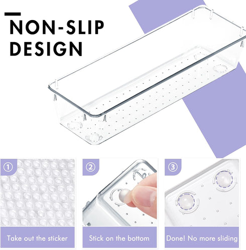 HOUSE DAY Desk Drawer Organizer Bins 8 PCS, 9*3*2" Clear Drawer Organizers with Silicone Pads, Vanity Organizers and Storage, Non Slip Plastic Dra...